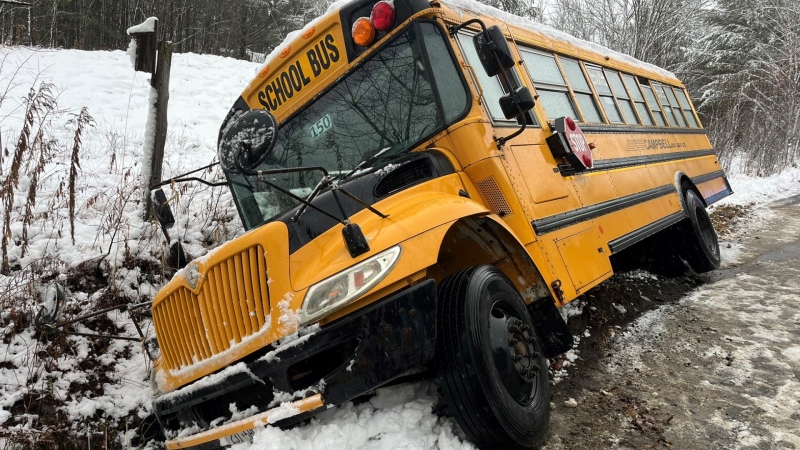 A Muskoka Lakes area school bus slid off Three Mile Lake Road Wed., Nov. 27, 2024 (Source: Muskoka Lakes Fire Department) 