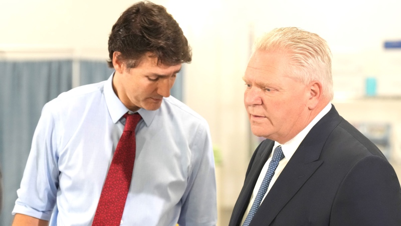 Prime Minister Justin Trudeau and Ontario Premier Doug Ford attend an announcement at Seneca College, in King City, Ont., Friday, Feb. 9, 2024. THE CANADIAN PRESS/Chris Young