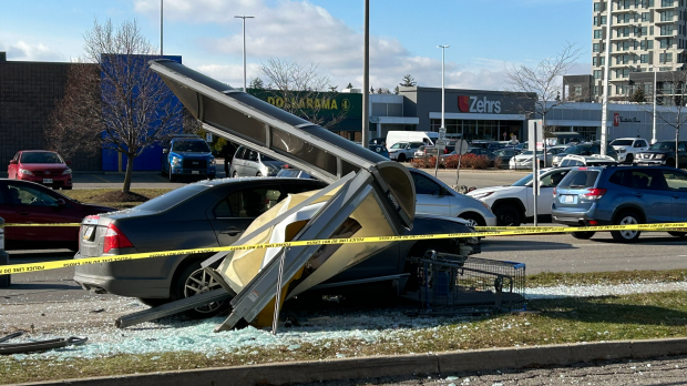 Waterloo Regional Police Service is investigating after a driver crashed into a bus shelter in Kitchener on Nov. 27, 2024. (Sidra Jafri/CTV News)