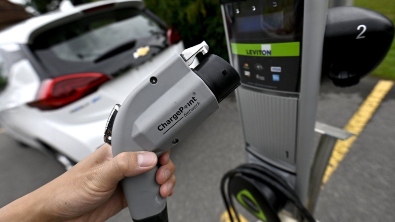 A ChargePoint electric vehicle charger is seen in Ottawa on June 27, 2023. THE CANADIAN PRESS/Justin Tang