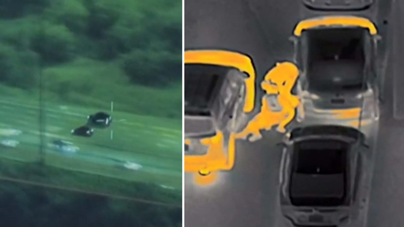 This combination photo shows a police chopper following a stolen vehicle (left) and the arrest of one of the suspects involved. (York Regional Police)