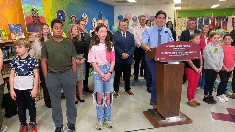 Prime Minister Justin Trudeau makes an announcement about the school food program in Mount Stewart, P.E.I. on Nov. 29, 2024. (Josh Smith/CTV Atlantic)