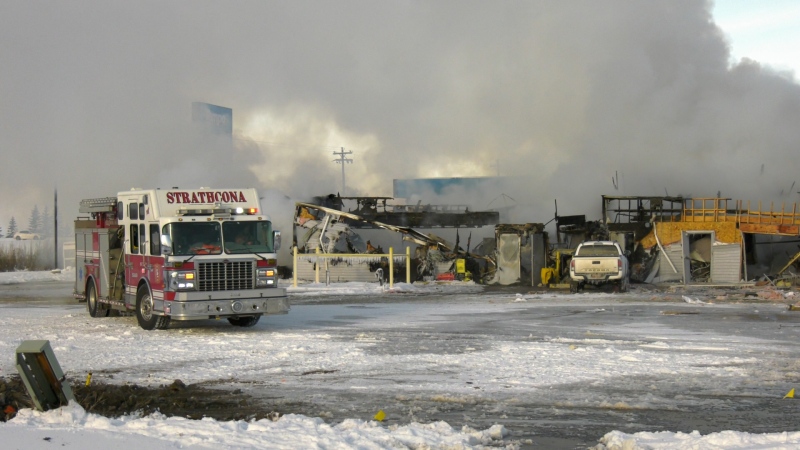 Crews battle a fire at the Tempo gas station near Ardrossan, 12 kilometres east of Edmonton, on Dec. 1, 2024. (Miriam Valdes-Carletti/CTV News Edmonton)