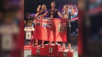 Vivian Santos (middle) is pictured on the podium at the Canadian National Armwrestling Championships at the Canad Inns Destination Cetnre on July 3, 2023. (Vivan Santos/Instagram)