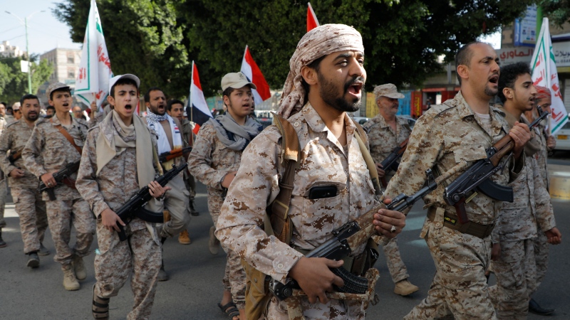 Houthi supporters march marking the anniversary of Yemeni unity in Sanaa, Yemen, Wednesday, May 22, 2024. (AP Photo/Osamah Abdulrahman)