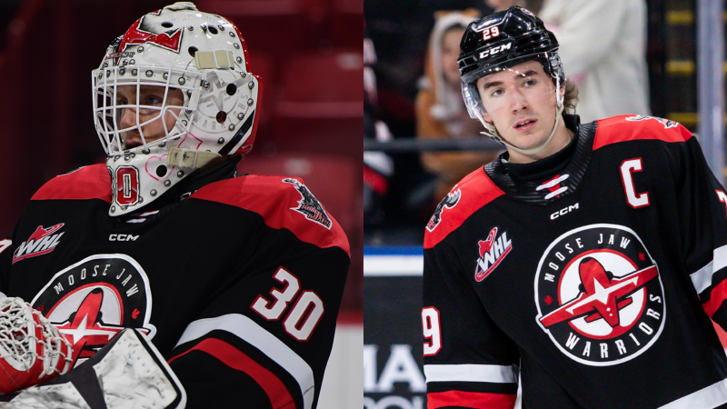 Jackson Unger (left) and Brayden Yager (right) were traded from the Moose Jaw Warriors to the Lethbridge Hurricanes on Dec. 2, 2024. (Source: WHL) 