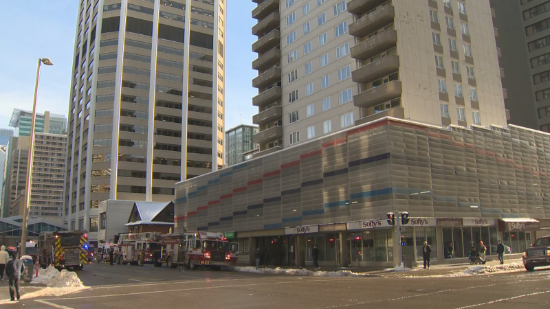 Calgary fire crews responded to a fire at a downtown apartment building on Eighth Avenue S.W. on Dec. 2, 2024. (CTV News) 