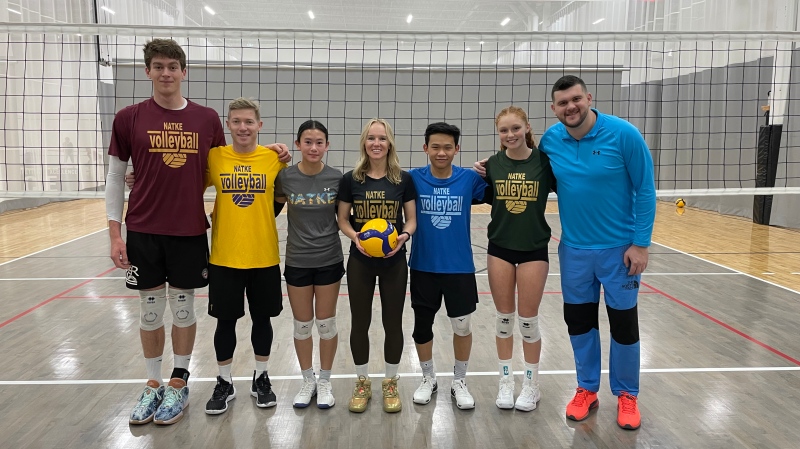 Nataliia Klimenova (middle) with some of the young volleyball players she trains at Natke Volleyball. (Glenn Campbell/CTV News) 