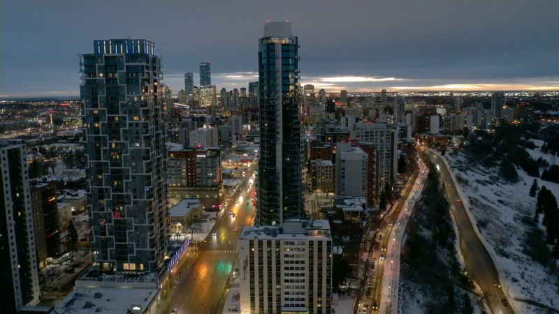 An aerial image of downtown Edmonton the morning of Dec. 3, 2024. (Cam Wiebe / CTV News Edmonton) 