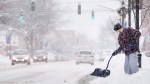 A man shovels snow during a winter storm in Fredericton, N.B. on Tuesday, December 29, 2015. THE CANADIAN PRESS/Darren Calabrese 