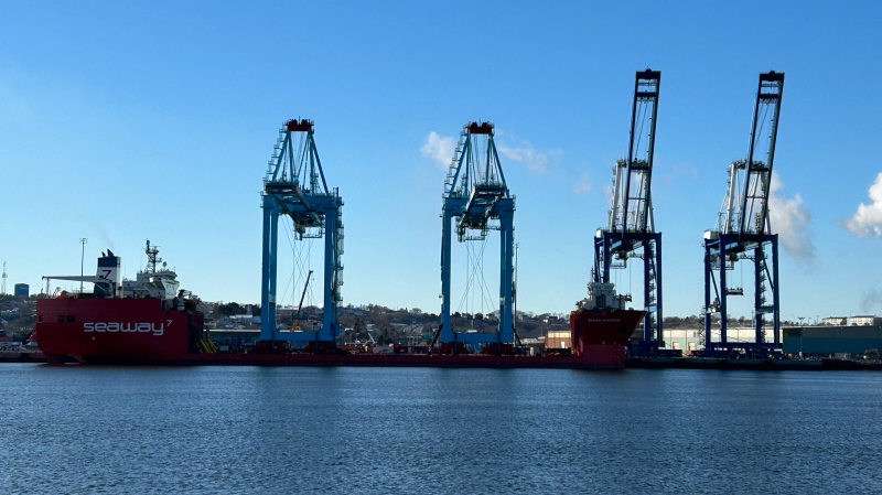 Two new container cranes are seen in Saint John, N.B., on Dec. 3, 2024. (Avery MacRae/CTV Atlantic)