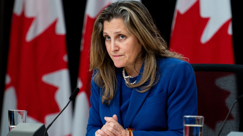 Minister of Finance and Deputy Prime Minister Chrystia Freeland listens to a question from a reporter during a press conference at in Ottawa, Tuesday, Dec. 3, 2024. (Spencer Colby / The Canadian Press)