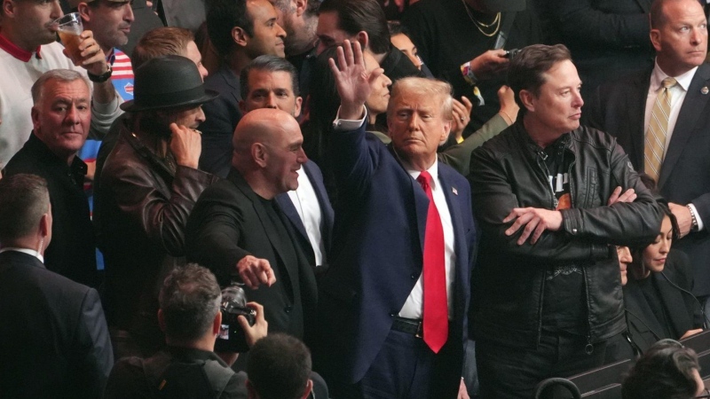 President-elect Donald Trump attends UFC 309 at Madison Square Garden, Saturday, Nov. 16, 2024, in New York, with Kid Rock, Dana White and Elon Musk. (THE CANADIAN PRESS/AP-Evan Vucci)