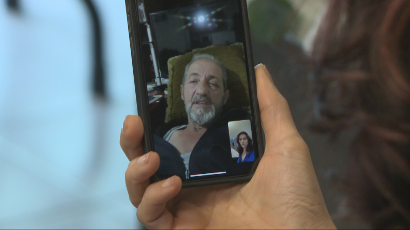 The Nasr family in Ottawa chat via video with husband and father Bassam Nasr, who remains stuck in Lebanon amid a bureaucratic battle over his permanent residency paperwork. (Stefan Keyes/CTV Morning Live)