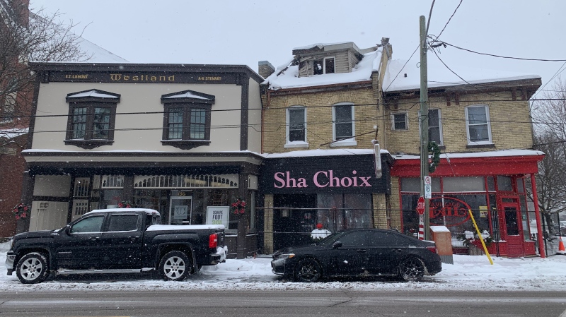 Exterior of row of business in Wortley Village impacted by alleged arson, December 5, 2024 (Reta Ismail/CTV News London)