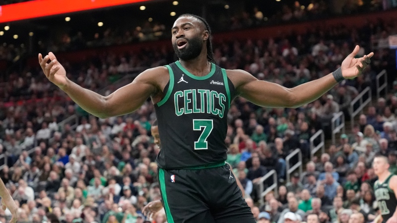 Boston Celtics guard Jaylen Brown (7) during an NBA basketball game, Monday, Dec. 2, 2024, in Boston. (AP Photo/Charles Krupa)