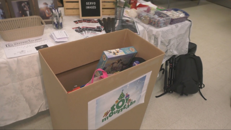 The Toy Mountain collection bin at St Paul's Anglican Church in Barrie, Ont., on Sat., Dec. 7, 2024 (CTV News/Mike Lang)