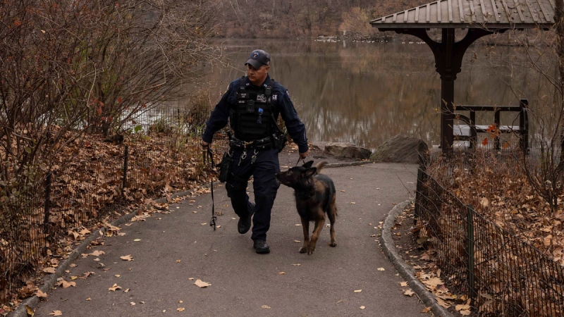 A NYPD officer and K-9 dog search around a lake in Central Park, Monday, Dec. 9, 2024, in New York. (AP Photo/Yuki Iwamura)