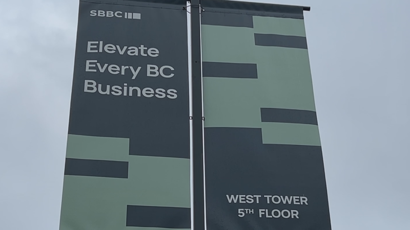 A sign outside of the headquarters for Small Business BC is seen in this image. 