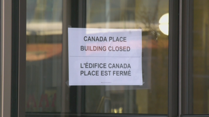 A sign informs visitors that Canada Place in downtown Edmonton is closed in December 2024. (CTV News Edmonton) 