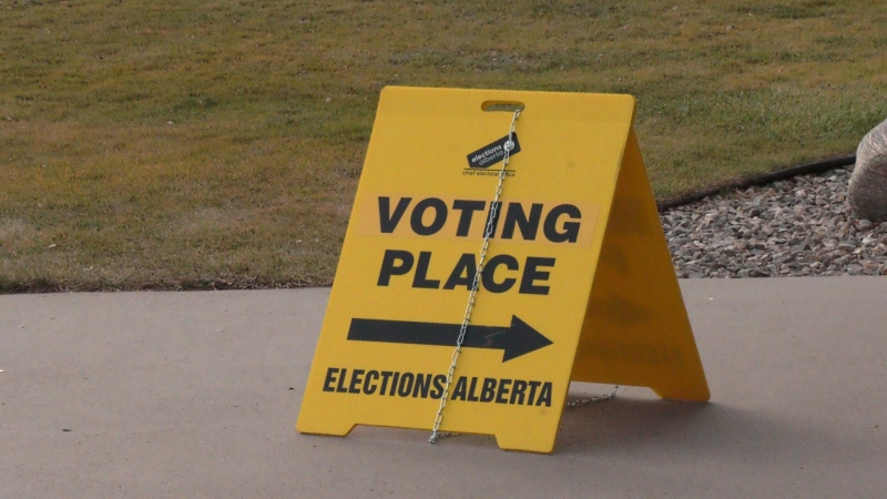 A sign for an Elections Alberta voting station is seen in Lethbridge on Dec. 10, 2024. (CTV News) 