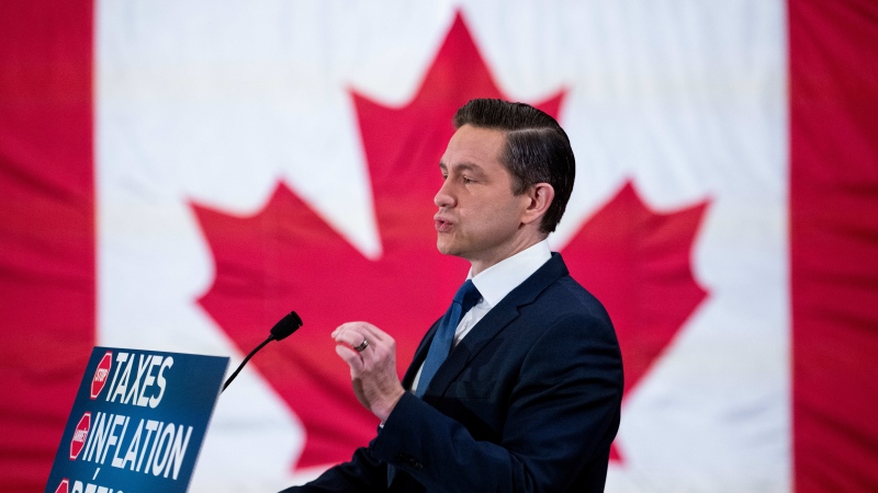 Conservative Leader Pierre Poilievre takes part in a press conference at a downtown hotel in Ottawa on Dec. 8, 2024 (THE CANADIAN PRESS/Spencer Colby)