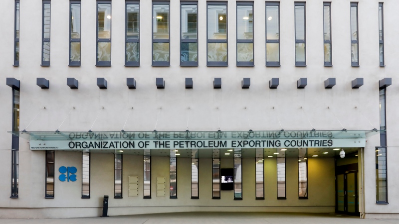 The logo of the Organization of the Petroleum Exporting Countries is seen outside of OPEC's headquarters in Vienna, Austria, on March 3, 2022. (AP Photo/Lisa Leutner, File)