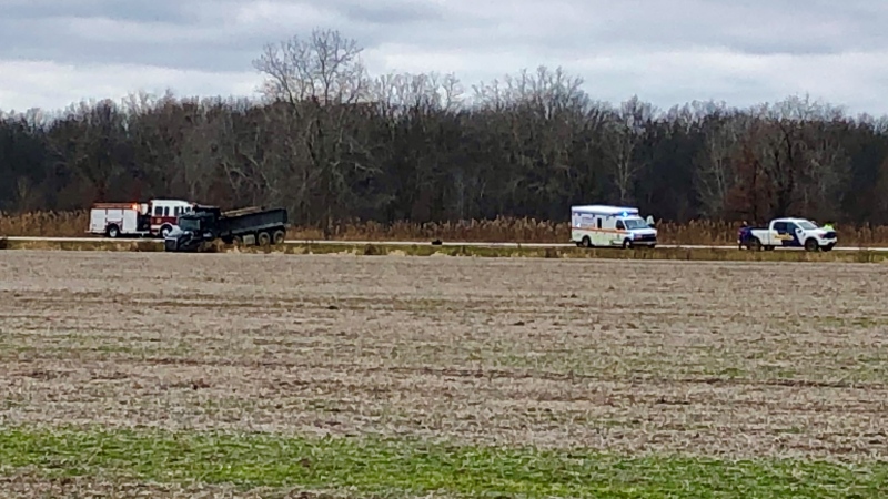 Manning Road is closed between Baseline Road and Walls Road for a collision investigation in Lakeshore, Ont., on Wednesday, Dec. 11, 2024. (Gary Archibald/CTV News Windsor)