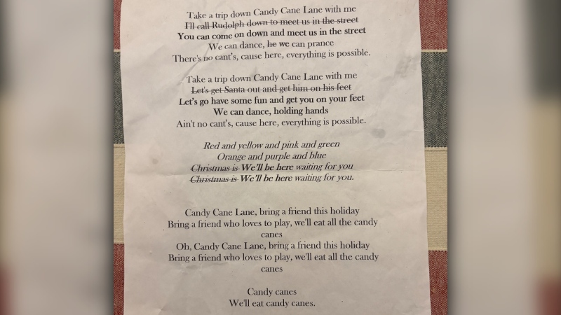 The lyric changes to the song Candy Cane Lane, as provided by a Saanich, B.C. school ahead of a winter concert. (Source: Marie Garvin)