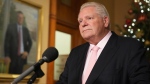 Ontario Premier Doug Ford speaks to the media outside of his office in the Queens Park Legislature, in Toronto, on Wednesday Dec.11, 2024. Ford joined a call between Provincial Premiers and Prime Minister Justin Trudeau in regard to incoming US President Donald Trump's threats of tarrifs. THE CANADIAN PRESS/Chris Young