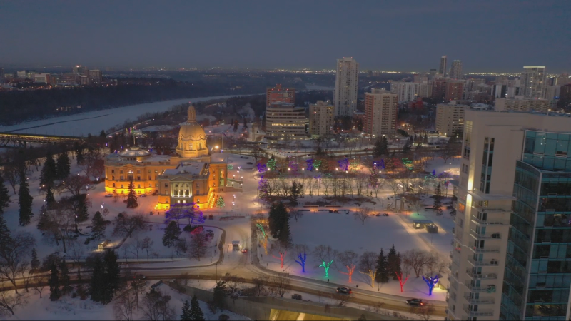 An aerial photo of downtown Edmonton, the Alberta legislature, and the North Saskatchewan River on Dec. 5, 2024. (Cam Wiebe / CTV News Edmonton) 