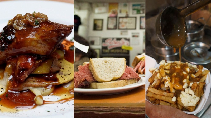 Au Pied de Cochon's foie gras, Schwartz's smoked meat and La Banquise's poutine helped make the Montreal eateries land on TasteAtlas's 100 Most Legendary Restaurants list for 2024-2025. (Graham Hughes, Paul Chiasson / The Canadian Press)