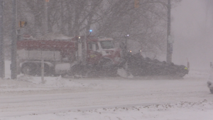 A snowplow on the roads in blizzard-like conditions in Wingham, Ont. seen on Dec. 12, 2024. (Scott Miller/CTV News London)