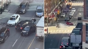 Car captured on video driving wrong way in downtown Toronto, striking multiple vehicles