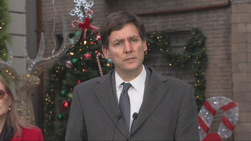 B.C. Premier David Eby speaks at a news conference on a movie set on Thursday, Dec. 12, 2024. (CTV News)