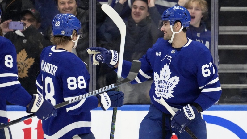 Toronto Maple Leafs left wing Max Pacioretty (67) celebrates his goal with teammate William Nylander (88) during first-period NHL action against the Anaheim Ducks, in Toronto, Thursday, Dec. 12, 2024. THE CANADIAN PRESS/Frank Gunn