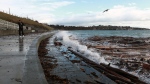 People walk along a sidewalk as waves and debris crash into the breakwater below Dallas Road in Victoria, B.C., on Nov. 20, 2024. THE CANADIAN PRESS/Chad Hipolito