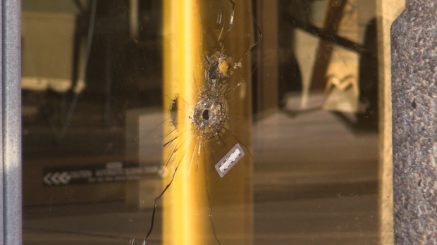 Bullet hole seen at Victoria Hospital in London, Ont. on Dec. 14, 2024. (Brent Lale/CTV News London)