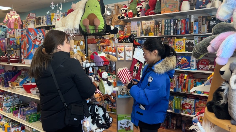 Shoppers taking advantage of the GST/HST tax break at Tag Along Toys on Saturday, Dec. 14, 2024 (Katelyn Wilson/CTV News).