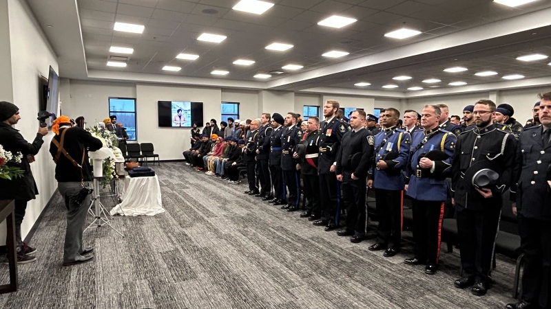 People attend the funeral on Dec. 15, 2024, for Harshandeep Singh, 20, a security guard who was killed on duty on Dec. 6. (Brandon Lynch/CTV News Edmonton)