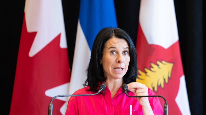 Montreal Mayor Valérie Plante speaks at a press conference in Montreal on Nov. 19, 2024. Plante announced on Monday morning that the city plans to acquire 700 housing units in the Côte-des-Neiges-Notre-Dame-de-Grâce borough. (The Canadian Press/Christinne Muschi)