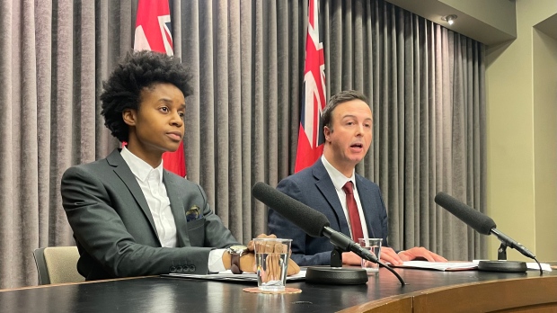 Health Minister Uzoma Asagwara, left, and Finance Minister Adrien Sala, update Manitoba's fiscal situation at the Manitoba legislature on Dec. 16, 2024. (Glenn Pismenny/CTV News Winnipeg)