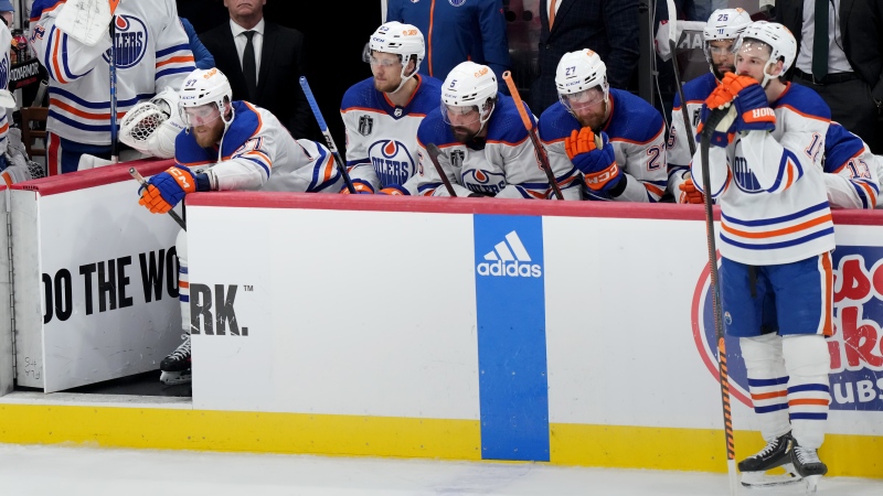 The Edmonton Oilers react after losing Game 7 of the NHL Stanley Cup finals to the Florida Panthers on June 24, 2024, in Sunrise, Fla. (Nathan Denette/The Canadian Press)