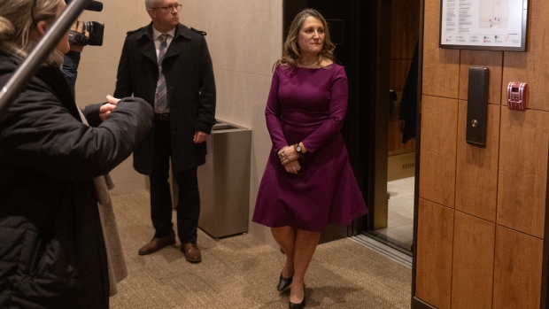 Chrystia Freeland, who today stepped down as finance minister and deputy prime minister, arrives for a national caucus meeting, in Ottawa, Monday, Dec. 16, 2024. THE CANADIAN PRESS/Spencer Colby