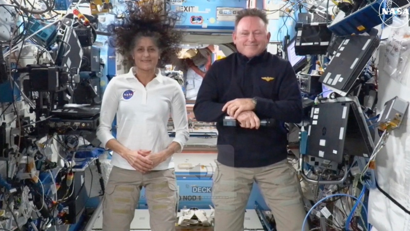 This image made from a NASA live stream shows NASA astronauts Suni Williams and Butch Wilmore during a press conference from the International Space Station on Friday, Sept. 13, 2024. (NASA via AP, File)
