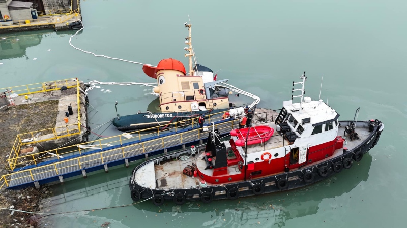 Theodore Too is partially submerged at a dock near Hamilton, Ont., in December 2024. (Courtesy: Bobby Davidson)