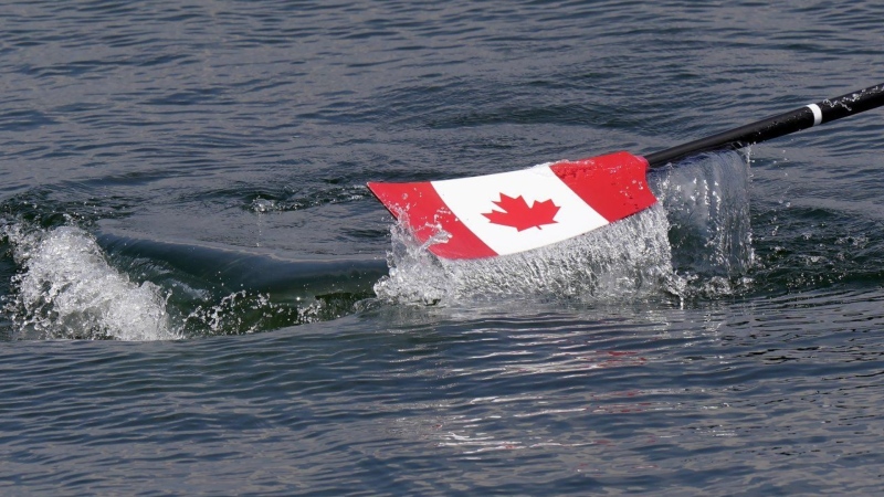 Water pours off an oar blade at the start of the men's pair rowing semifinal event during the Tokyo Summer Olympic Games on July 28, 2021. (THE CANADIAN PRESS/Adrian Wyld)