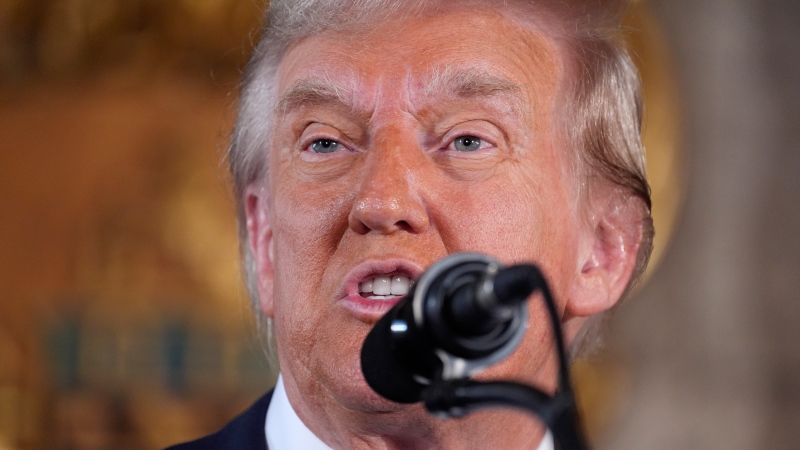 U.S. president-elect Donald Trump speaks during a news conference at Mar-a-Lago in Palm Beach, Fla., on Dec. 16, 2024. (Evan Vucci / The Canadian Press / AP)