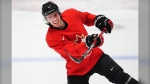 Brayden Yager takes a shot during the first day of the Canadian World Junior Hockey Championships selection camp in Ottawa on December 10, 2024. THE CANADIAN PRESS/Sean Kilpatrick