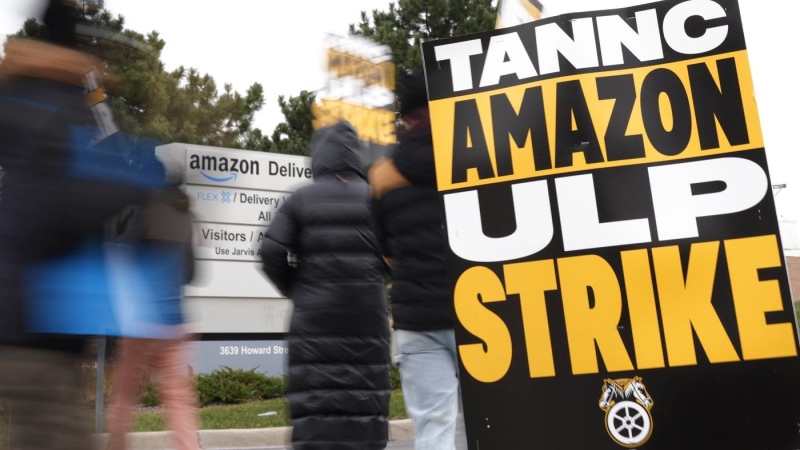 Strikers hold signs during a strike at Skokie (DIL7) Amazon Delivery station in Skokie, Ill., Thursday, Dec. 19, 2024. (AP Photo/Nam Y. Huh)